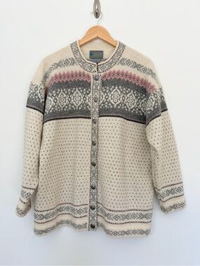 VTG Squaw Valley 100% Wool Fair Isle Button-Front Cream Pink Sweater Cardigan L